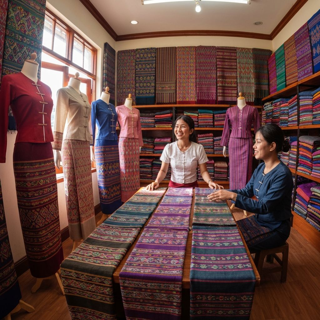 Myanmar woman in traditional dress with longyi display